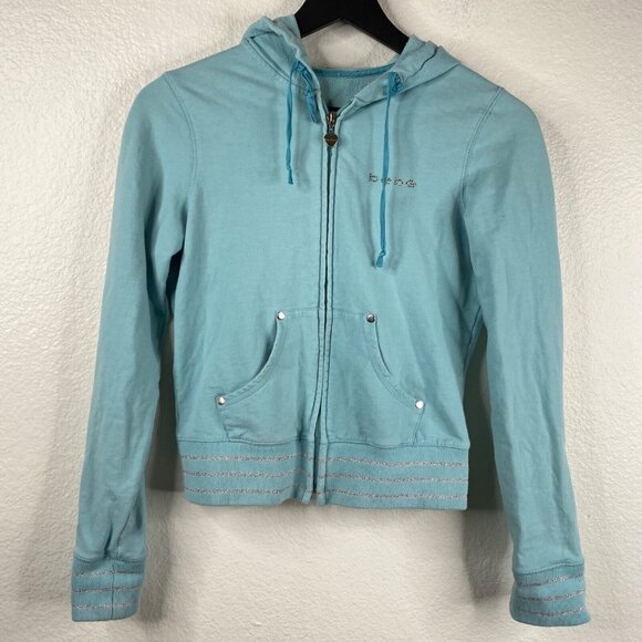 Bebe Hoodie Jacket Women's Blue Sz S/M Full Zip Cropped Rhinestones 90's Y2K